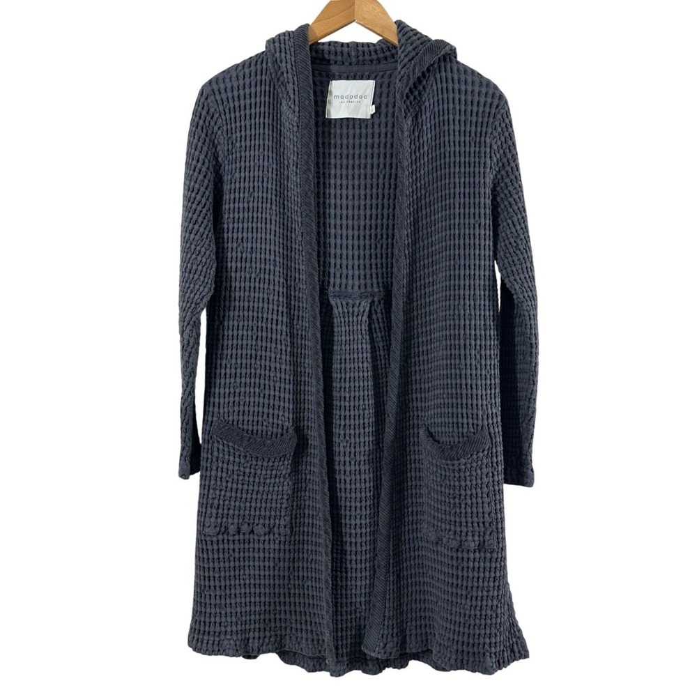 Mododoc Womens Waffle Knit Hooded Cardigan Charcoal Grey 100% Cotton Longline M